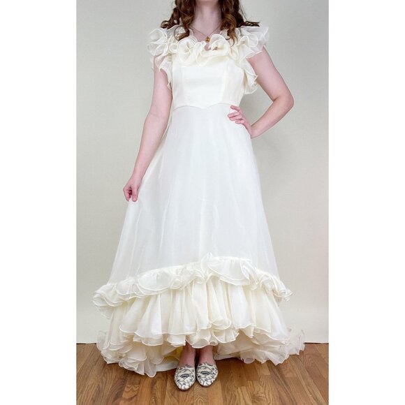 Vintage Ruffle Wedding Dress Princess Romantic Whimsigoth Cottagecore Cupcake - Picture 6 of 6